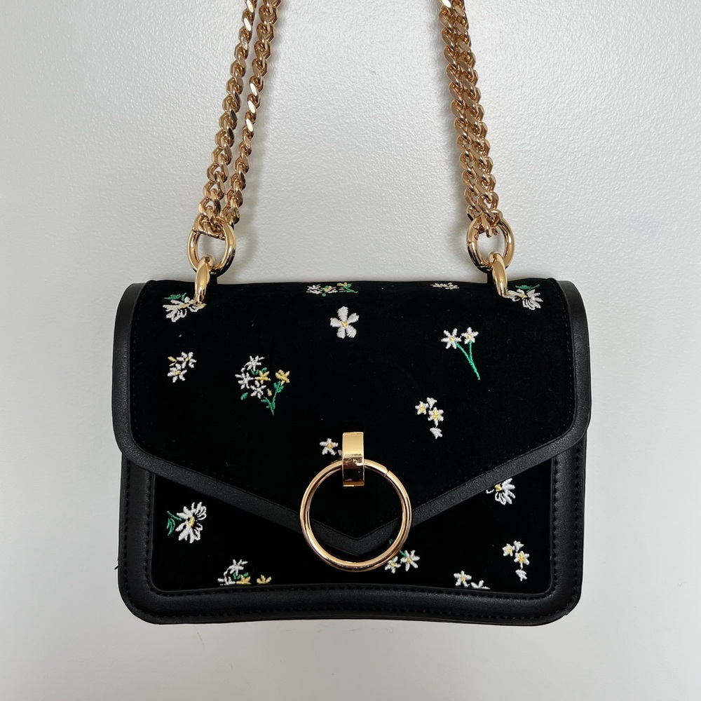 Floral print suedette chain strap bag